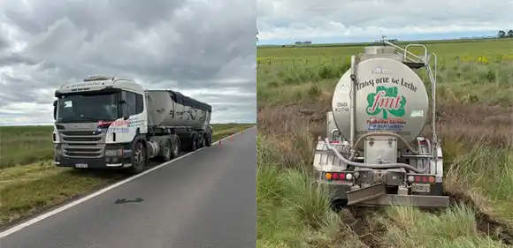 Accidente en la Ruta 226: dos camiones se rozaron bajo la lluvia y uno terminó despistando