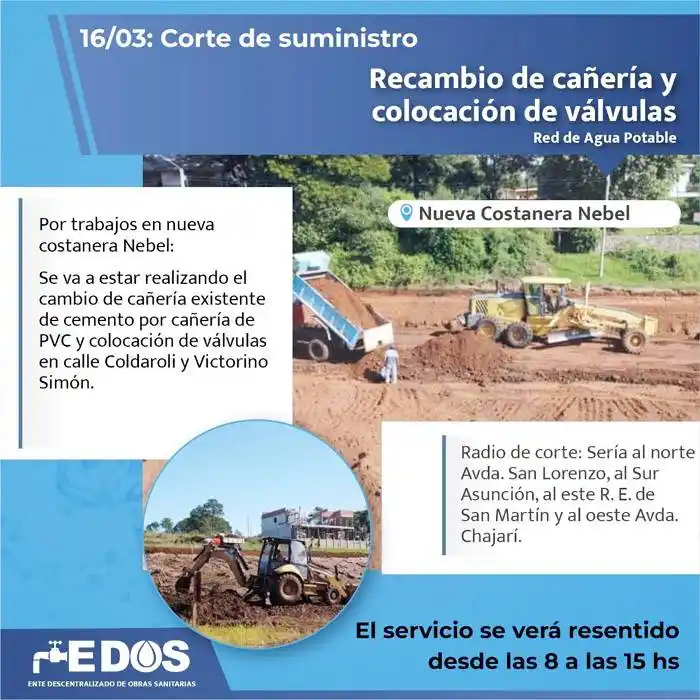 Por tareas programadas se verá restringido el servicio de agua  en un sector del barrio Nebel