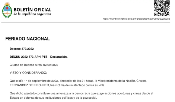 Atentado contra Cristina Kirchner: qué implica el feriado nacional decretado por el presidente