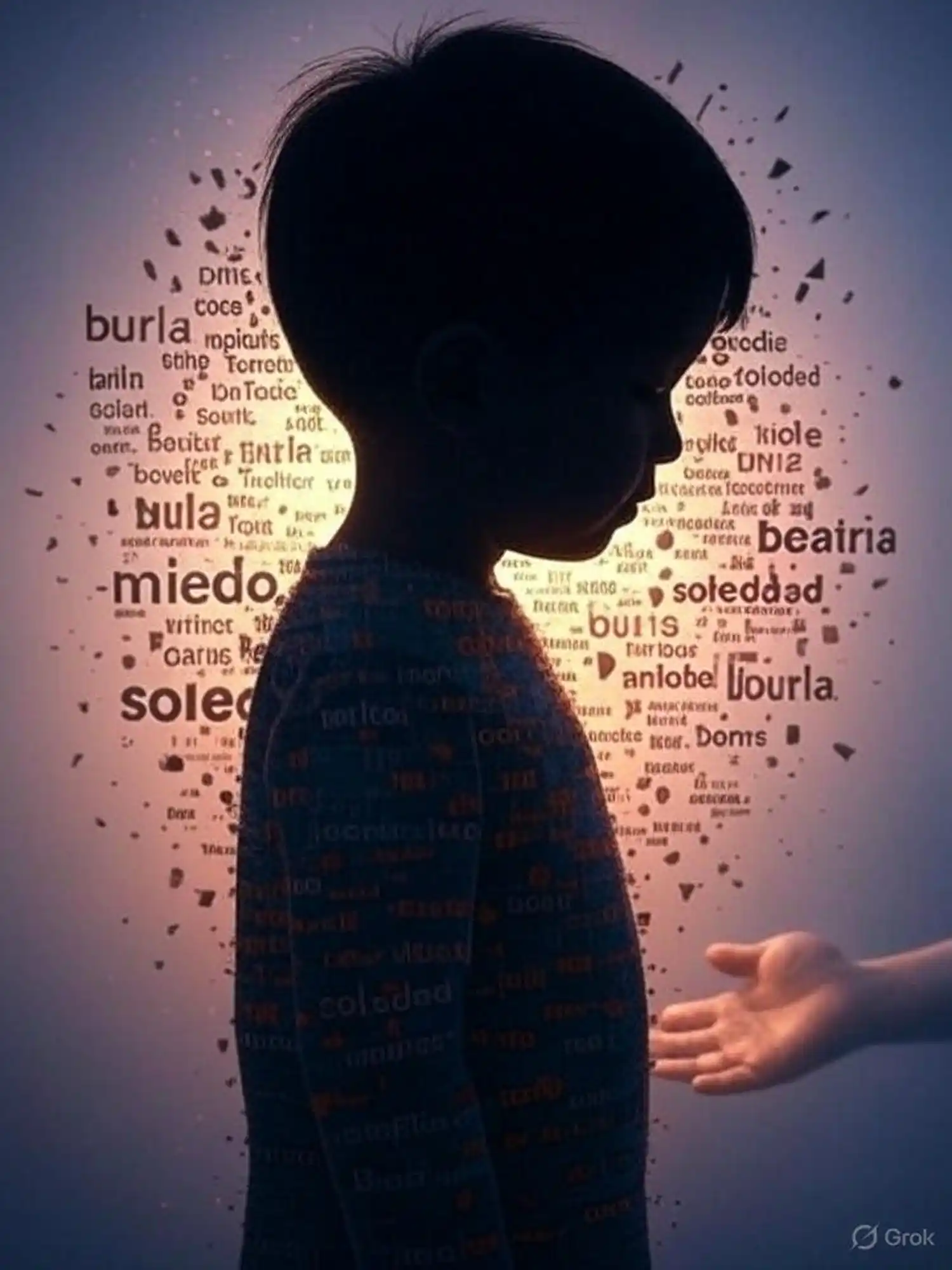 Un niño rodeado de palabras que duelen: soledad, miedo, burla. Una mano tendida recuerda que siempre hay salida si se actúa a tiempo.