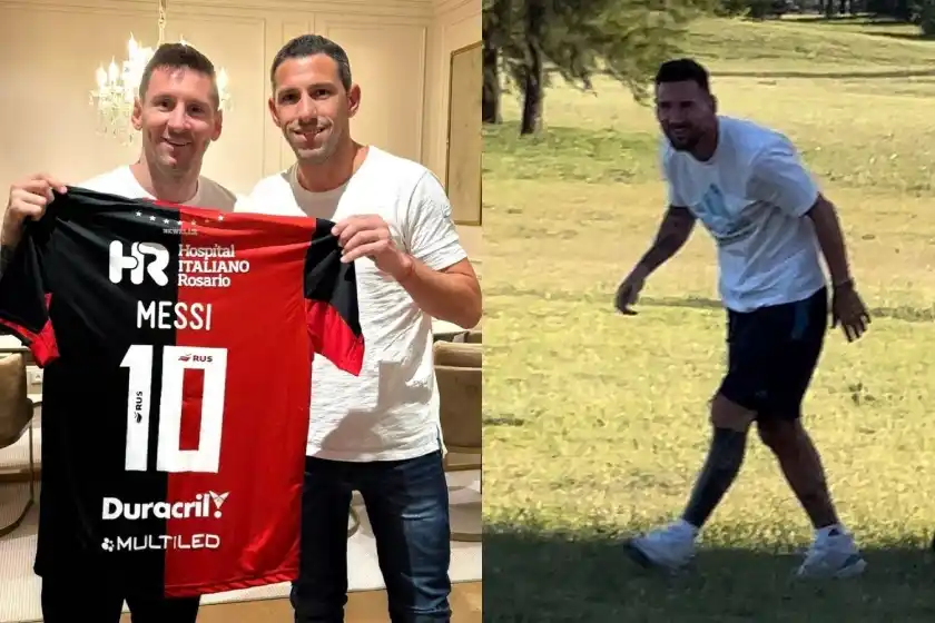 Messi recibió la visita de dMaxi Rodríguez y posó con la camiseta de Newell’s