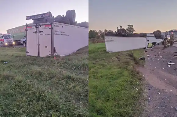 Fuerte choque en Ruta 34: un Iveco Daily quedó con las cuatro ruedas hacia arriba