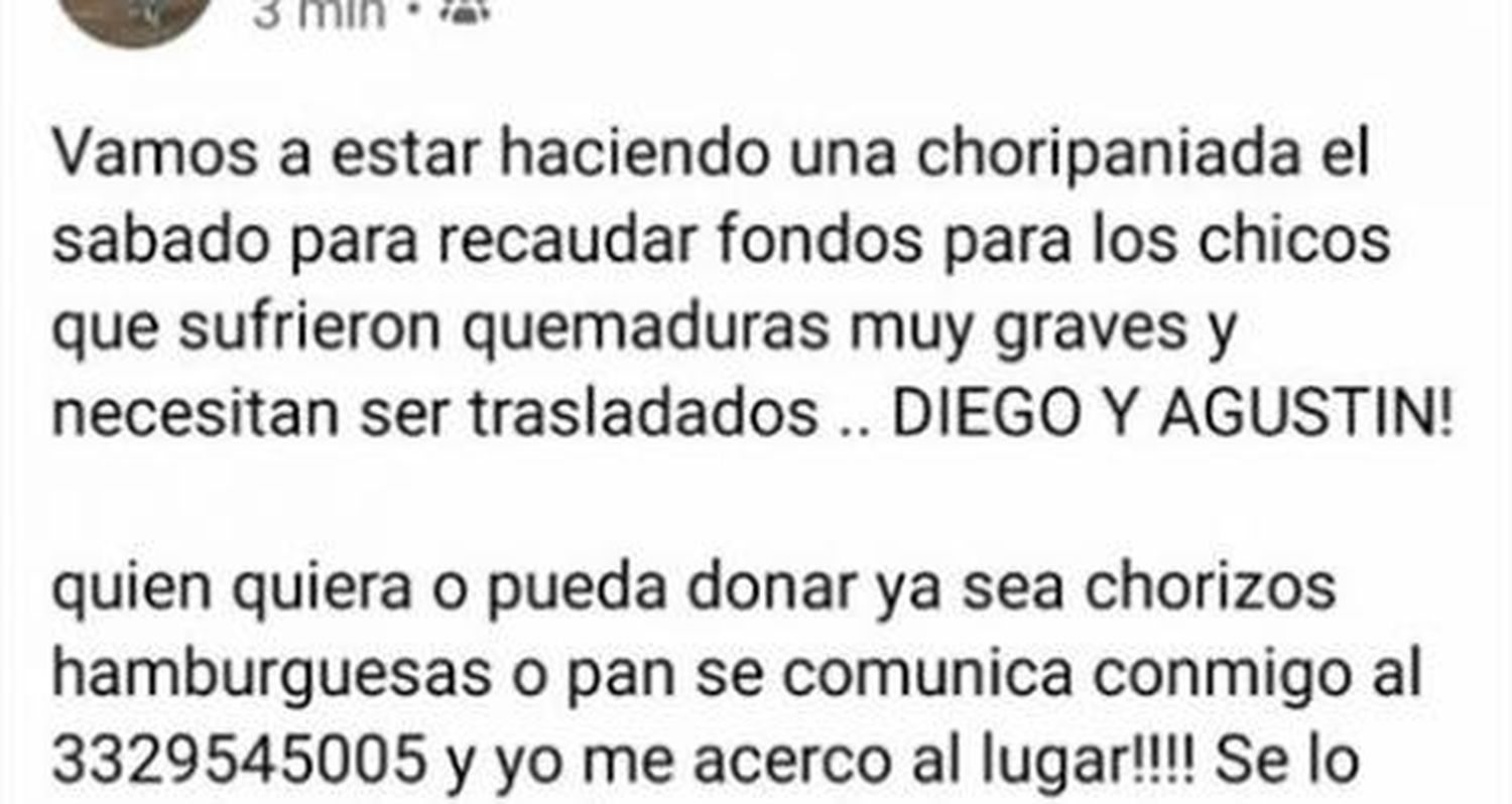 Solidaridad: Choripaneada para colaborar con los Agustín y Diego Iglesias, los jóvenes que sufrieron quemaduras