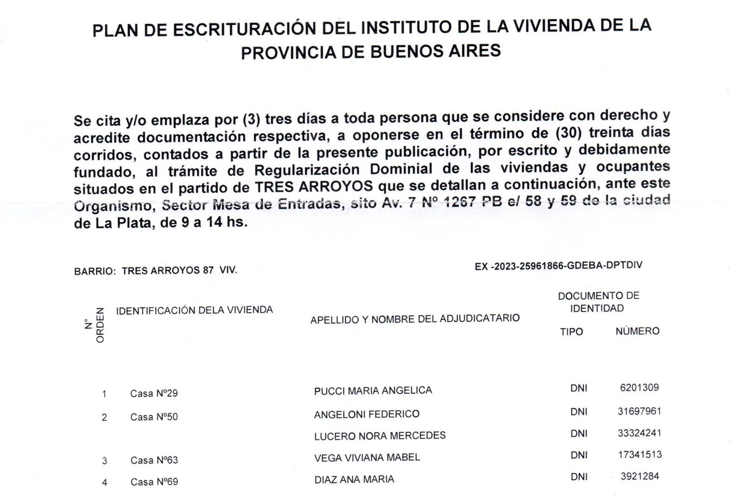 Citación para el plan de escrituración del Instituto de la Vivienda