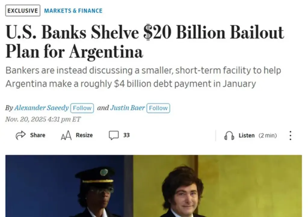 Bancos de EE.UU. archivan un plan de rescate de USD 20.000 millones para Argentina, dice el WSJ