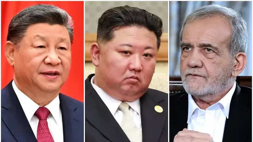 Xi Jinping (China), Kim Jong-un (Corea del Norte) y Masoud Pezeshkian (Irán), líderes de tres de los países que condenaron el ataque a Venezuela.