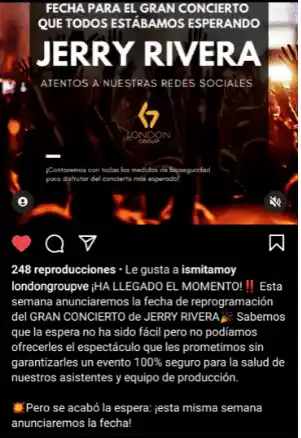 La semana pasada los organizadores habían dicho en Instagram que sería reprogramada la fecha del show de Jerry Rivera. 