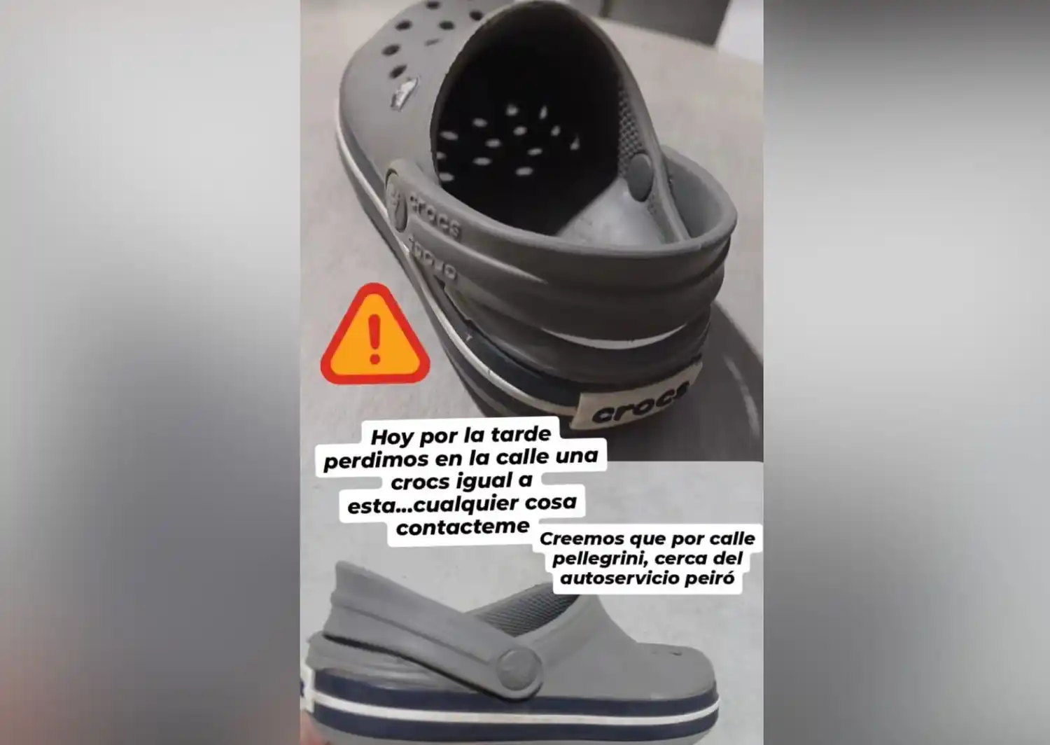 Buscan crocs perdida en calle Pellegrini