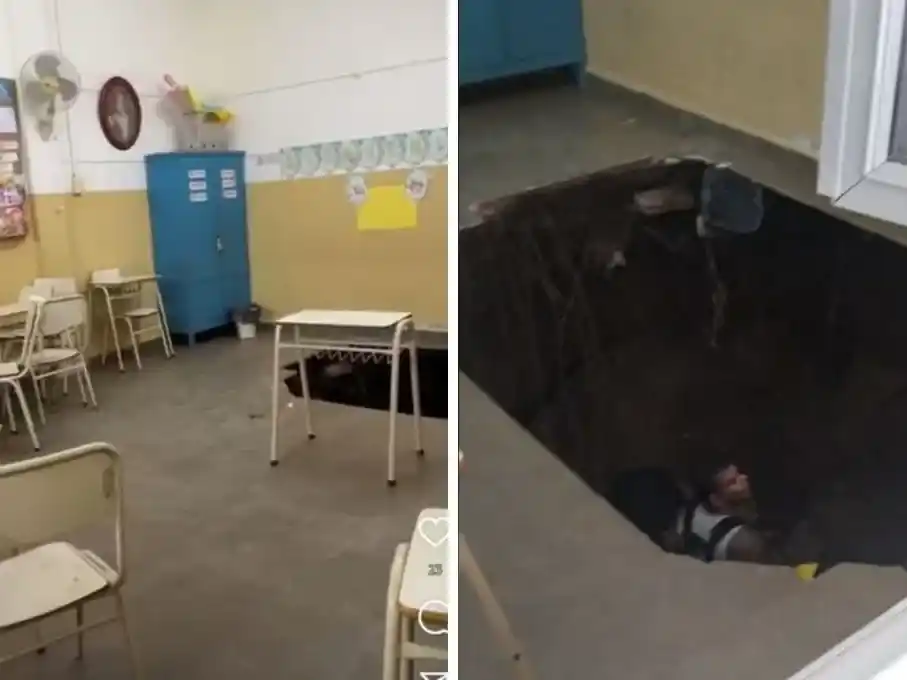 Así quedó el suelo del aula después del hundimiento. Foto: Radio Rafaela Digital