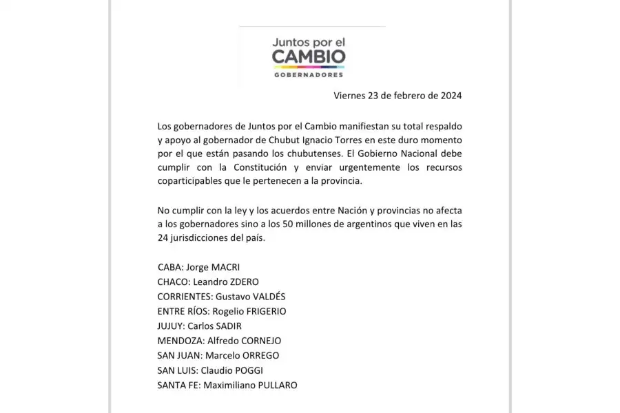El  comunicado de los gobernadores de Juntos por el Cambio