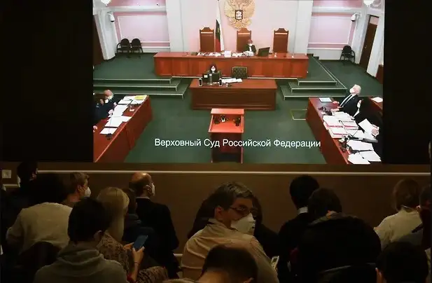 Seguidores de la ONG Memorial observan en remoto el fallo judicial.