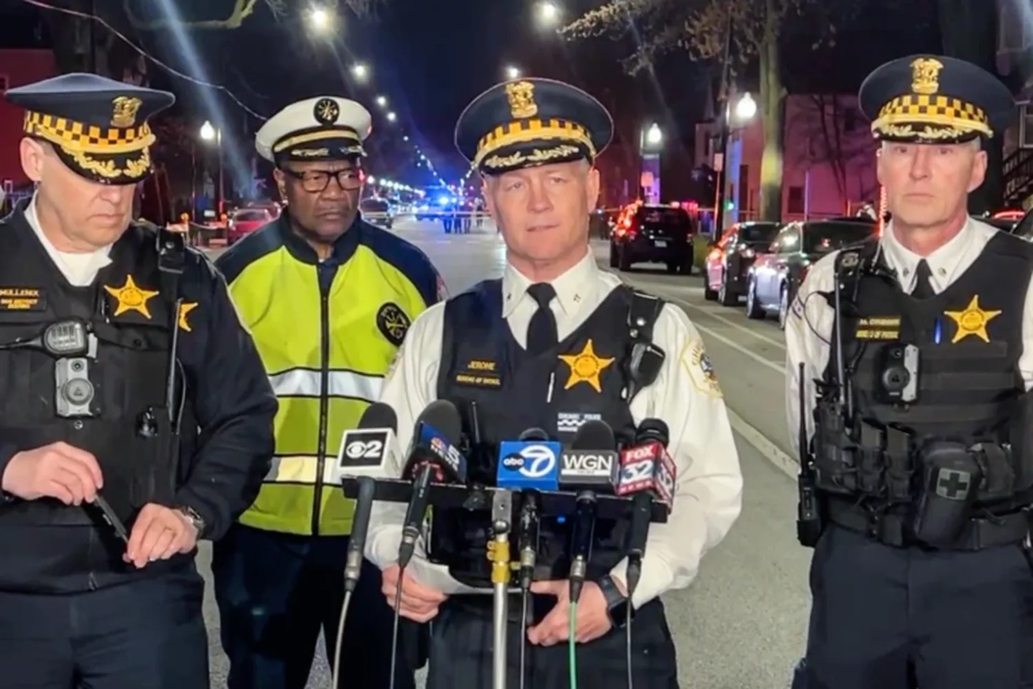 Deputy Chief Don Jerome of the Chicago Police Department, center, updates the media regarding multiple people shot at 5200 S Damen, on April 14, 2024.