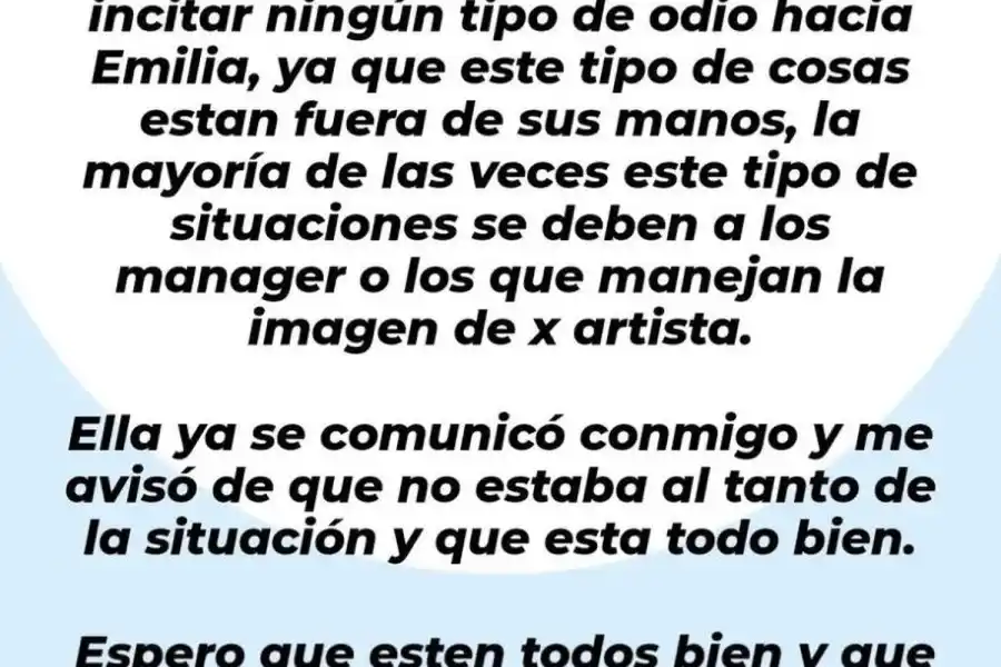 El segundo comunicado emitido por el emprendimiento sobre el tema de Emilia Mernes.