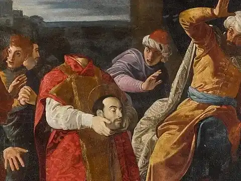 San Dionisio, sosteniendo su cabeza con las manos tras sufrir el martirio.