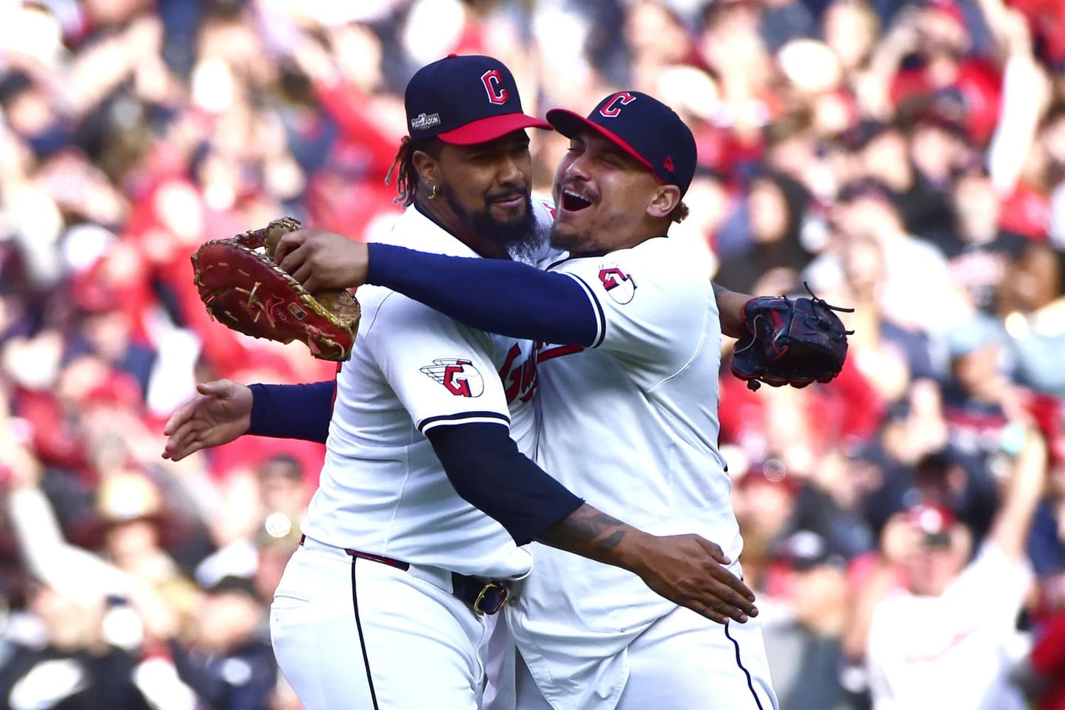 Cleveland Guardian's Emmanuel Clase, left, and Josh Naylor, right