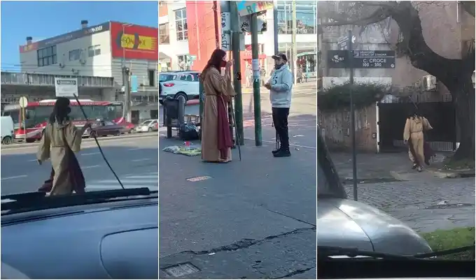 Video furor: Un "Jesús" del conurbano caminando de Lanús a Lomas de Zamora sorprendió a todos