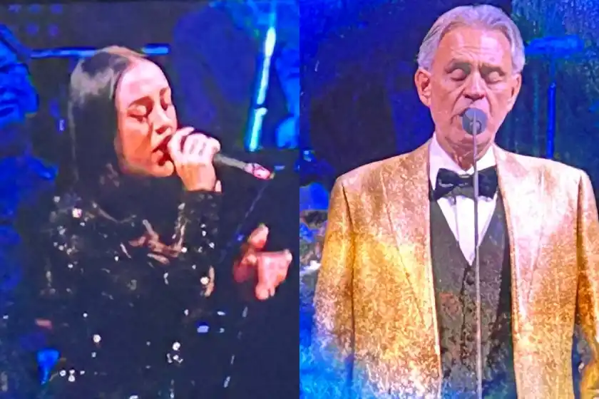 Antes de llegar al Colón, Nicki Nicole cantó y se emocionó junto a Andrea Bocelli
