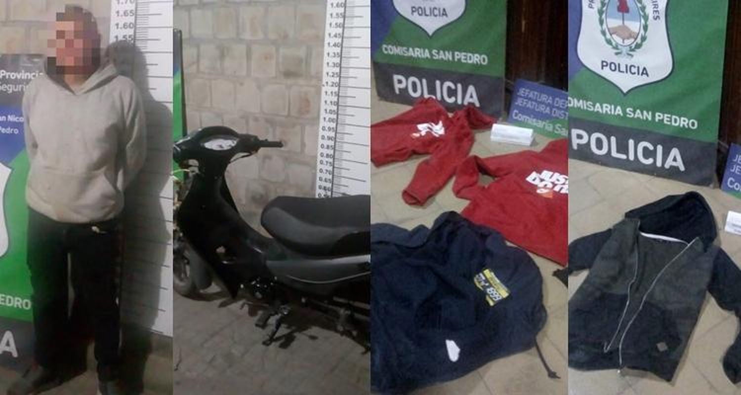 En raid delictivo, delincuente robó una moto y en dos comercios y fue detenido cuando intentó esconderse