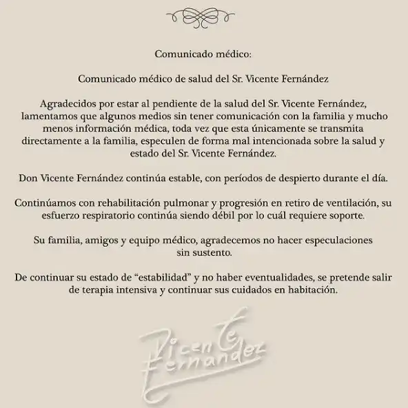 Chente podrá pasar a cuidados fuera de terapia. Foto Instagram