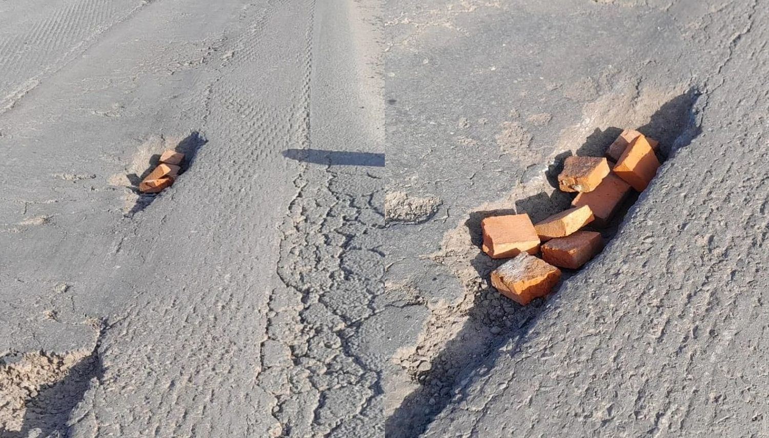 En la entrada sur a Gobernador Crespo la gente colocó ladrillos para tapar los baches. Foto tomada el 27 de abril pasado.