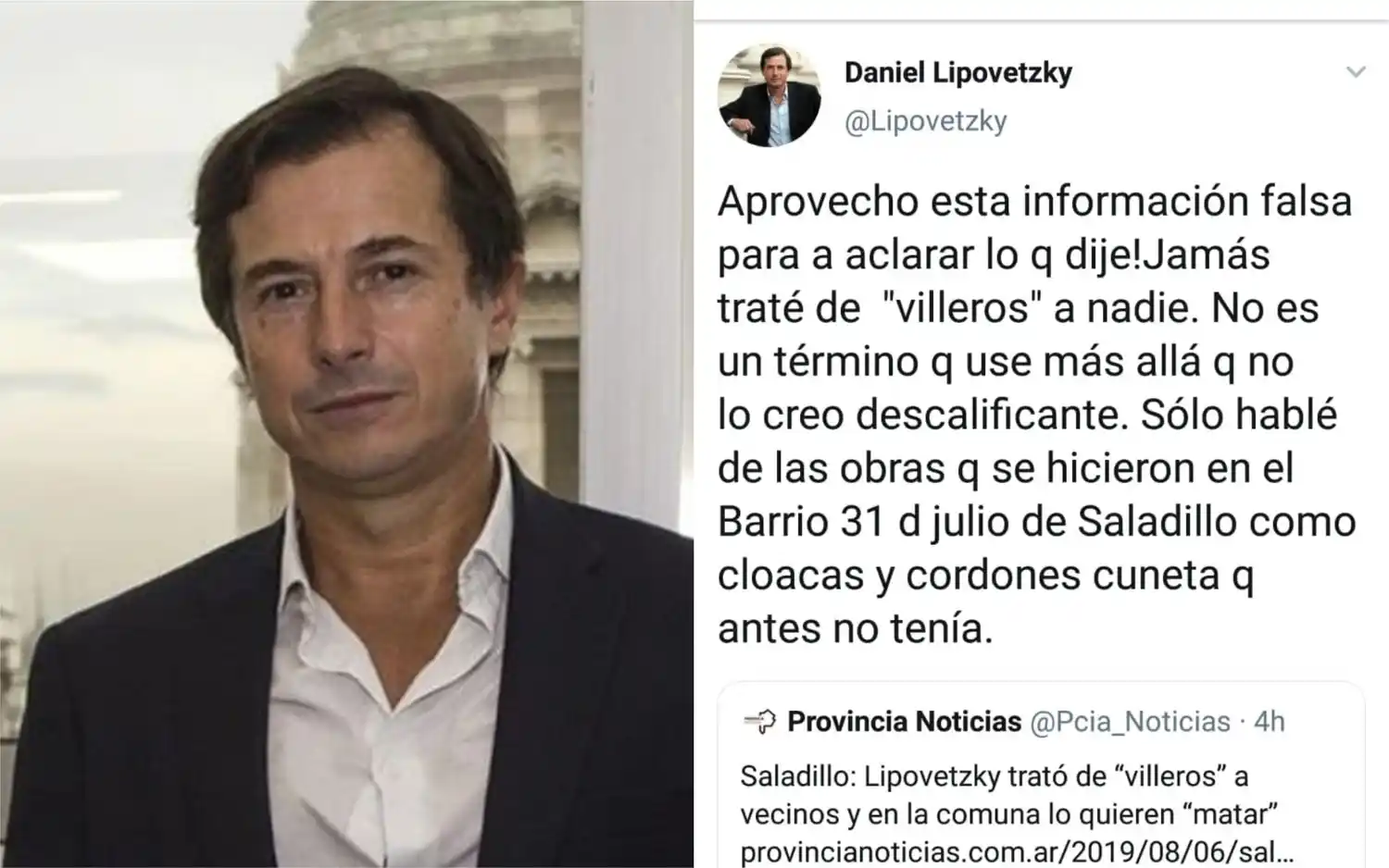 Lipovetzky, furioso con un medio que asegura que trató de "villeros" a vecinos de Saladillo