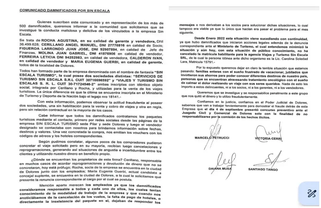 comunicado estafa Dolores