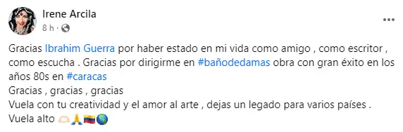 Actrices como irene Arcila manifestaron su pesar por la muerte de Ibrahím Guerra. Foto Facebook