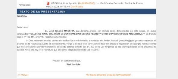 Renuncia honoarios José Macchia