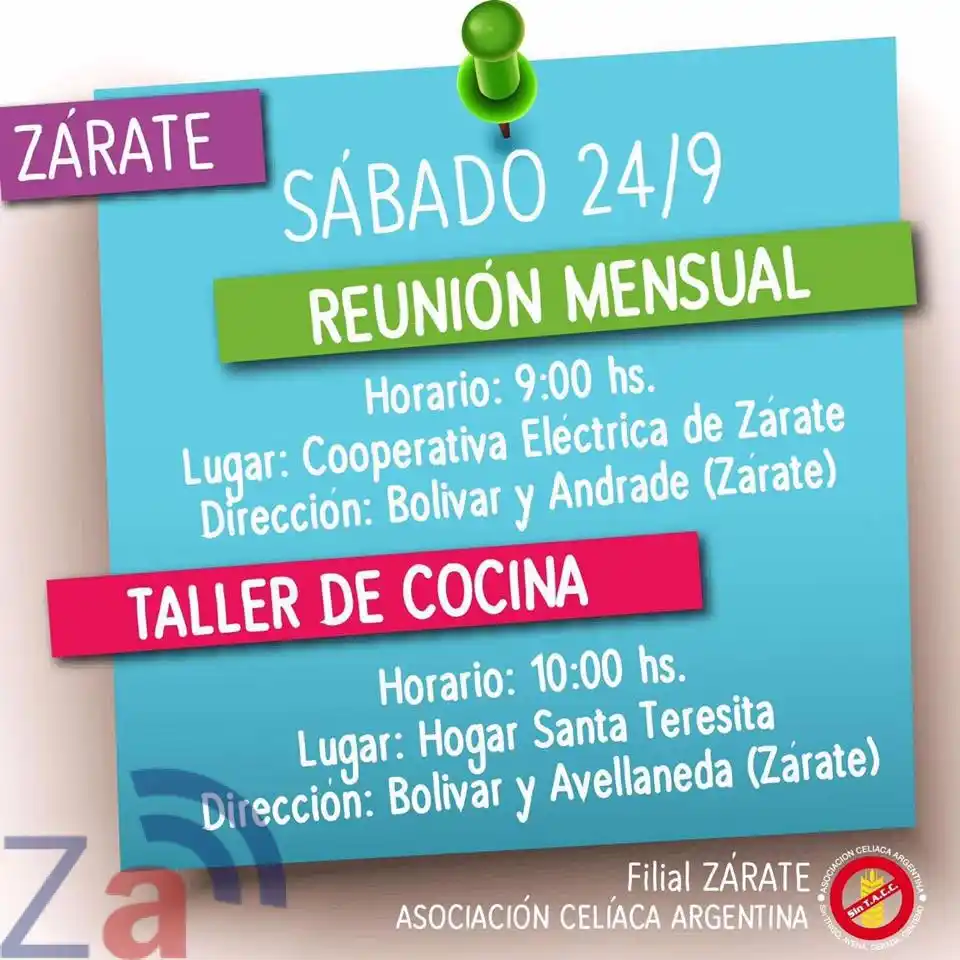 Zárate: Reunión de celíacos y taller de cocina sin TACC 
