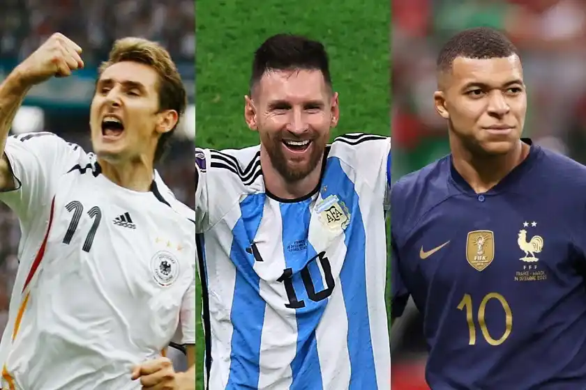 Miroslav Klose, Lionel Messi y Kylian Mbappé: tres delanteros que dejaron su huella en más de una Copa del Mundo.