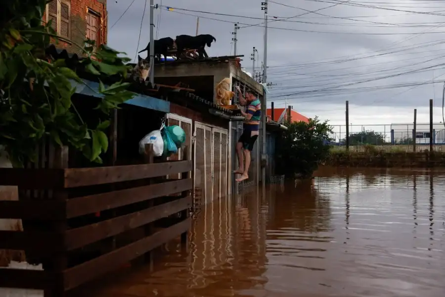 Un hombre escala una verja para acceder a una casa en una zona inundada en Eldorado do Sul, estado de Rio Grande do Sul, Brasil.</p><p>Reuters /NA
