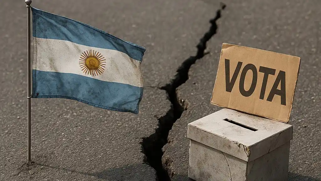 La grieta argentina, literal: una bandera desgastada y una urna rota separadas por una fisura que simboliza siglos de desencuentro político.
