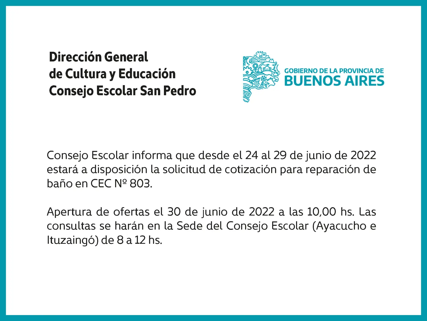 [Publicación Oficial] Consejo Escolar San Pedro: Solicitud de cotización para reparación de baño