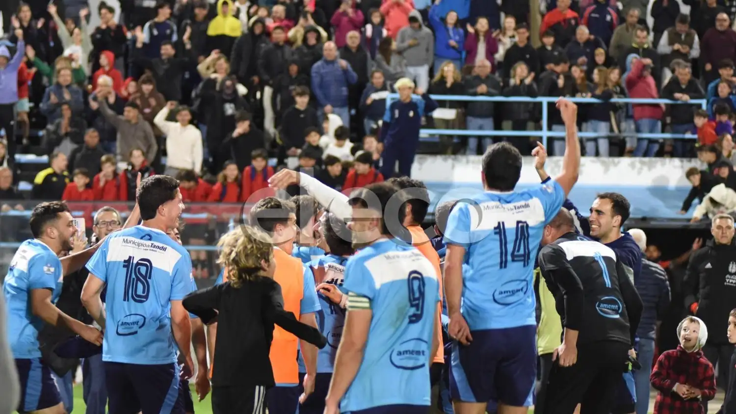 El festejo final, con jugadores de cara al público ubicado en la platea Mestelán.