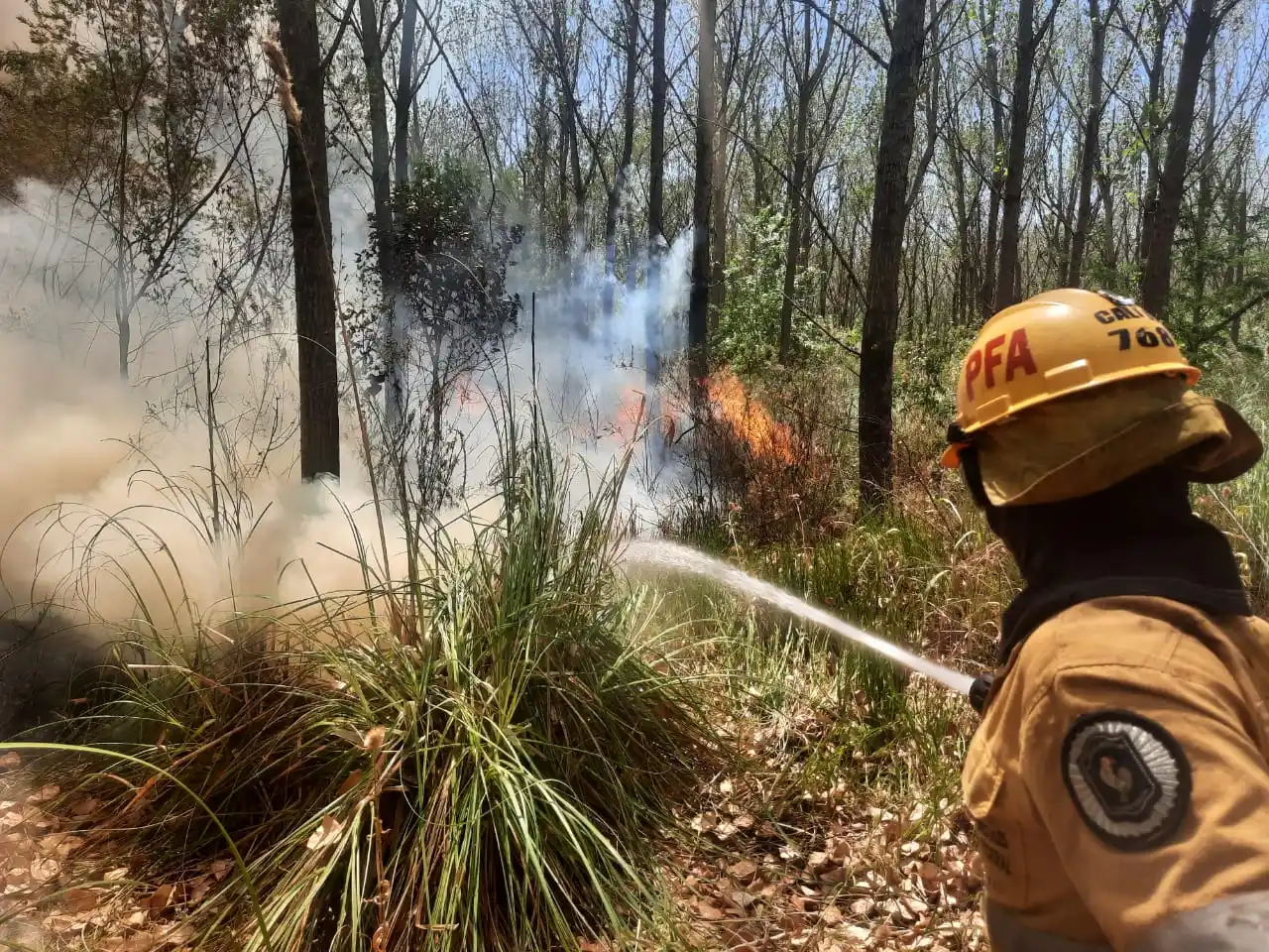 Bomberos de la Policía Federal trabajan en el incendio de Ezeiza