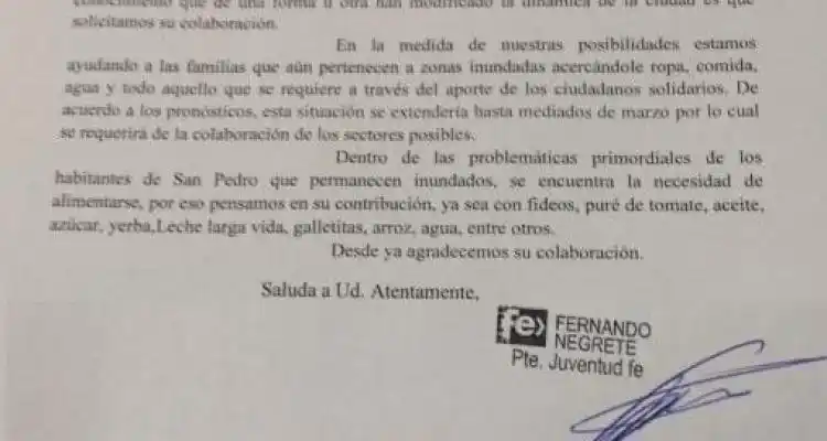 Creciente: A través de una nota, Juventud Fe pide colaboración a los Concejales