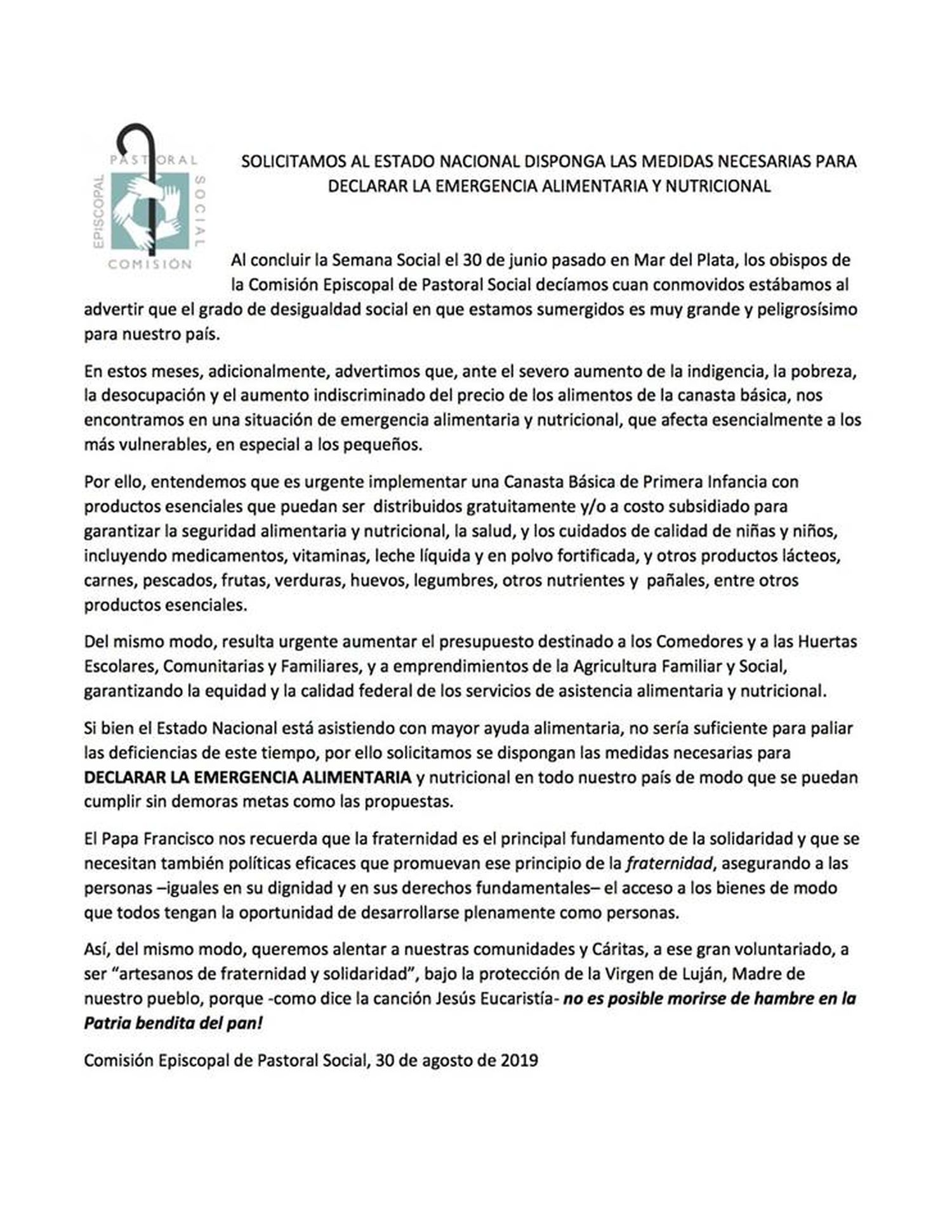 La Iglesia pidió al Gobierno que declare la emergencia alimentaria y nutricional