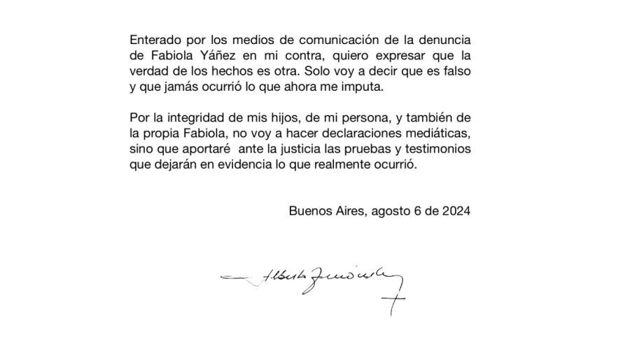 Alberto Fernández tras la denuncia por violencia contra Fabiola Yañez: “Jamás ocurrió lo que ahora se me imputa”
