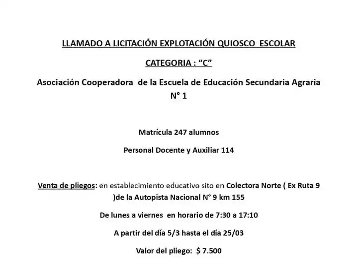 [Publicación solicitada] Llamado a licitación explotación kiosco escolar categoría "C"