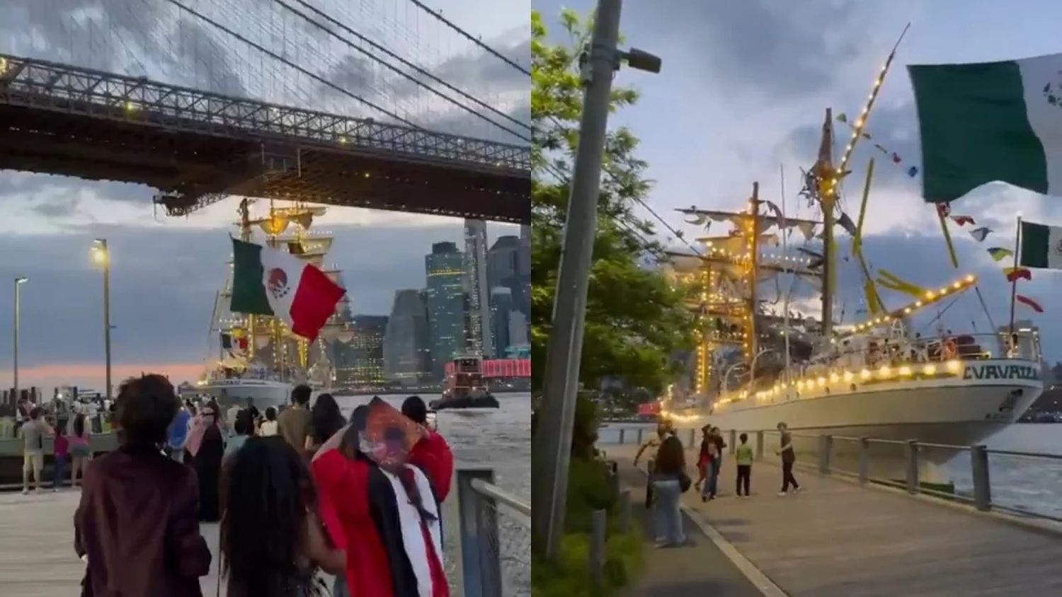 Un buque de la Armada de México chocó con el puente de Brooklyn.