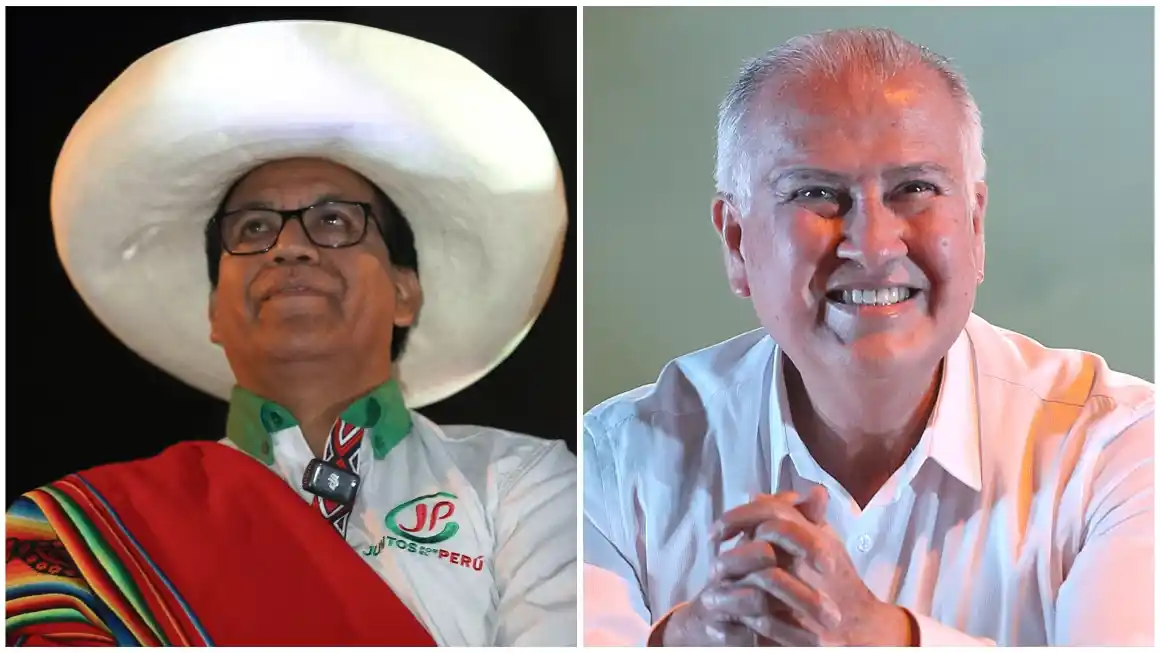 Roberto Sánchez, a la izquierda, y Alfonso López Chau, a la derecha. Los candidatos buscan llegar a la segunda vuelta en las elecciones de Perú. Paul Vallejo/Paolo Aguilar/EFE