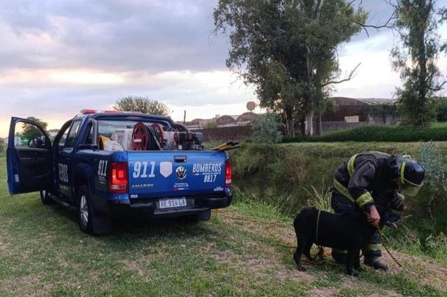 Rafaela: bomberos rescataron a un perro atrapado en el canal de desagüe