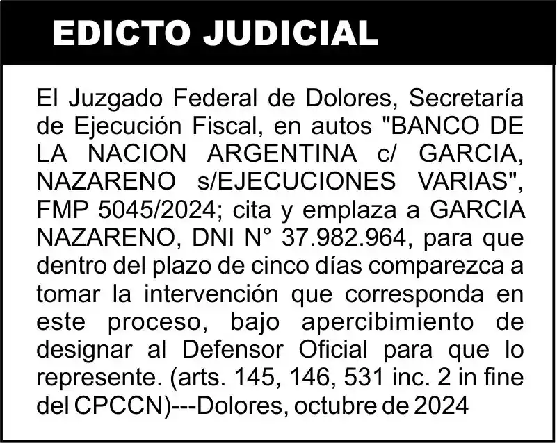 “BANCO DE LA NACION ARGENTINA c/ GARCIA, NAZARENO s/EJECUCIONES VARIAS”, FMP 5045/2024