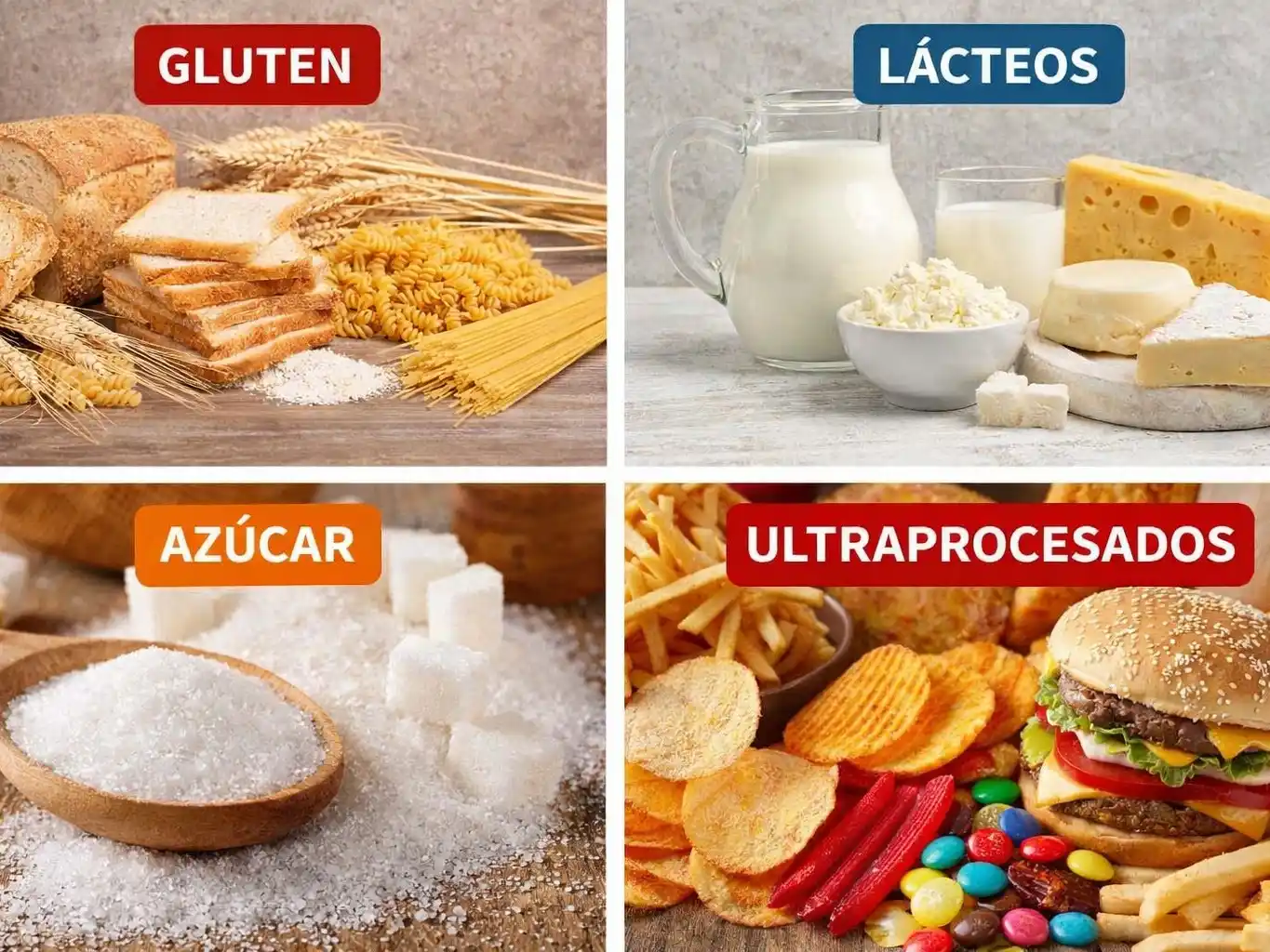 gluten, lácteos, azúcar y ultraprocesados
