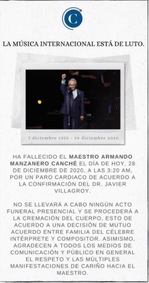 El comunicado de la familia de Manzanero. Foto: Twitter