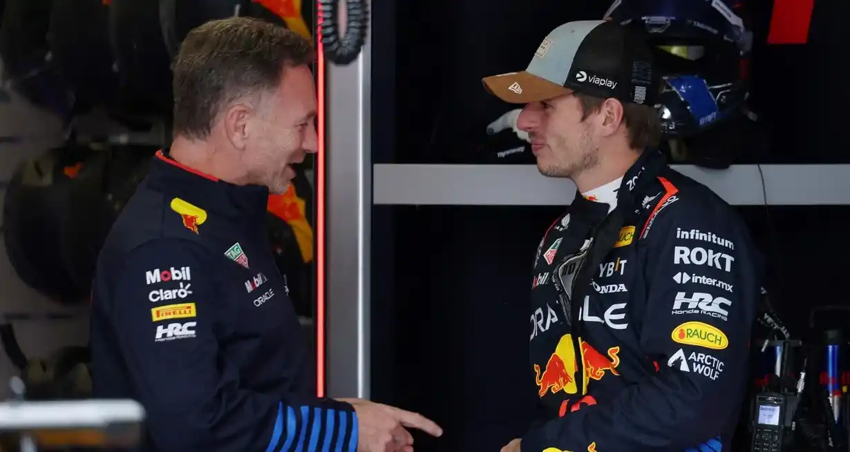 Cristian Horner, jefe de equipo de Red Bull y Max Verstappen, piloto estrella de la categoría y la escudería. Ambos elogiaron a Colapinto.
