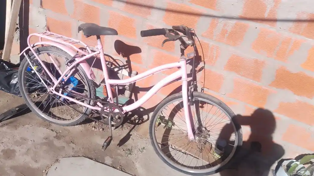 La bici estaba en el patio de la casa, pinchada.