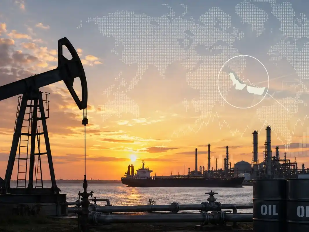 Panorama del sector energético global al atardecer: la producción y el transporte de crudo enfrentan desafíos logísticos y geopolíticos tras las tensiones en el Golfo Pérsico.