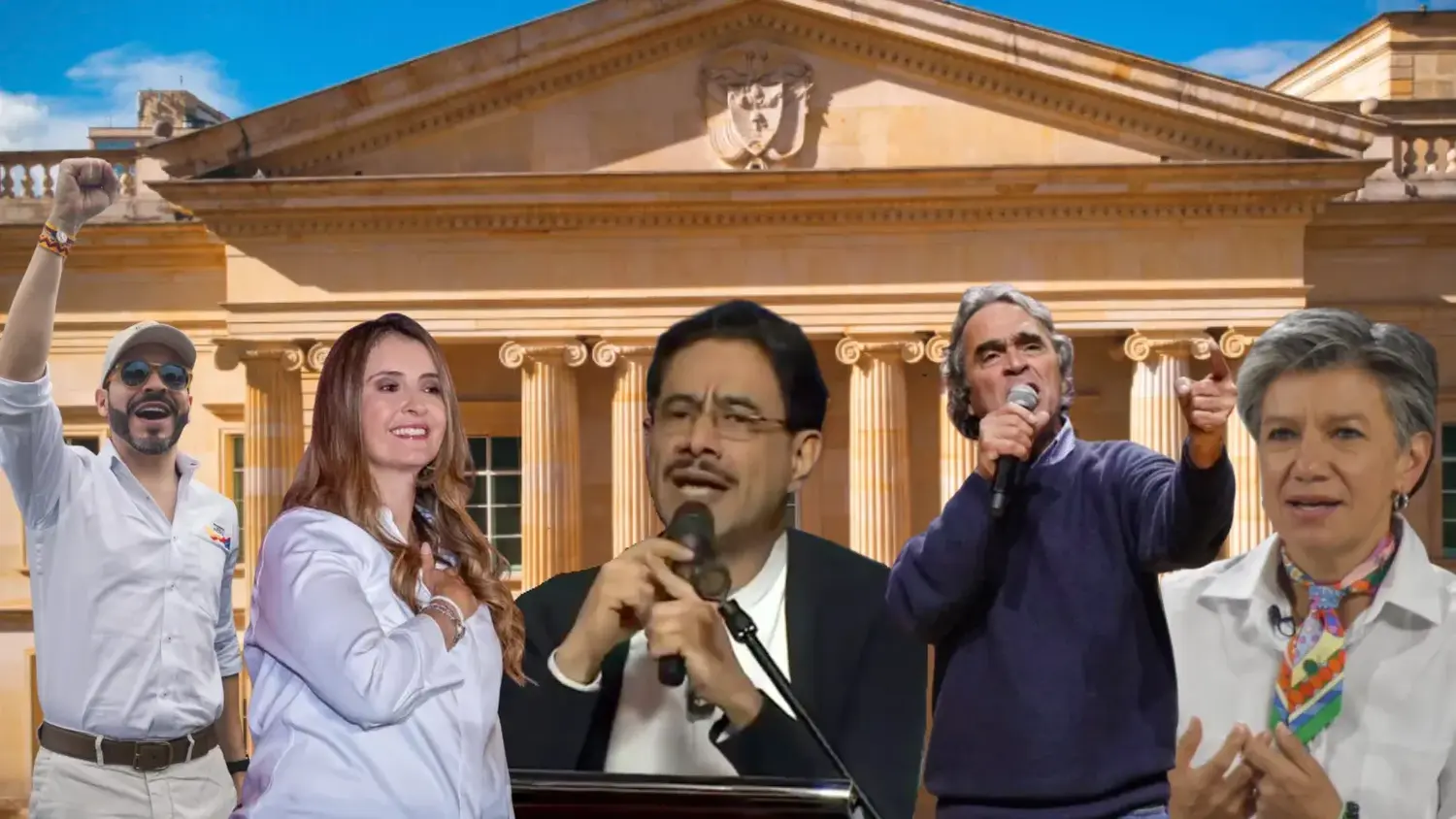 Abelardo de la Espriella, Paloma Valencia, Iván Cepeda, Sergio Fajardo y Claudia López, en imagen compuesta frente a la Casa de Nariño, en Bogotá, en el marco del escenario electoral hacia la Presidencia. Foto redes candidatos.