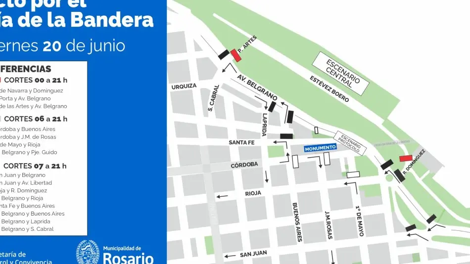 Qué cortes de tránsito habrá en Rosario por el Día de la Bandera este viernes.